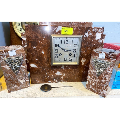 14 - An Art Deco style clock garniture with rectangular clock garniture with matching side pieces, a squa... 