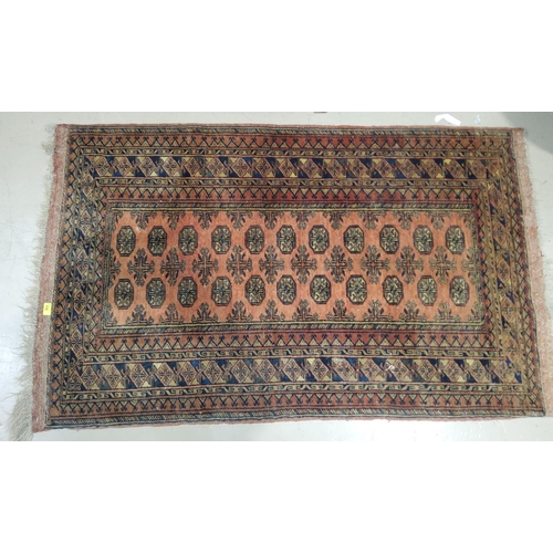 19 - A mid 20th century rust ground hand knotted rug, with 2 rows of elephants foot motife to the field. ... 