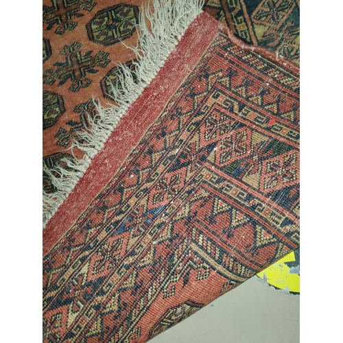 19 - A mid 20th century rust ground hand knotted rug, with 2 rows of elephants foot motife to the field. ... 