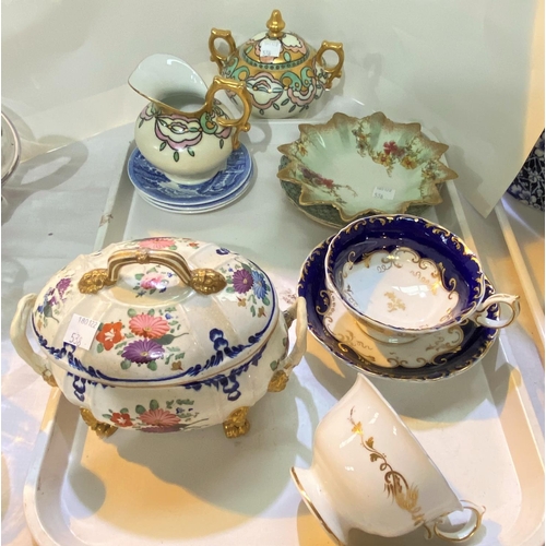 538 - A blue and gilt ceramic trio set with two cups and one saucer, two pieces of Limoges, a Royal Doulto... 
