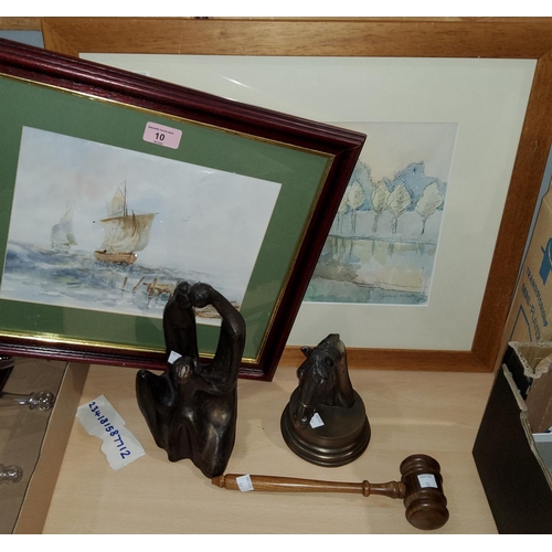10 - A watercolour of a lake, a watercolour of ships at sea, 2 bronze effect sculptures and a gavel