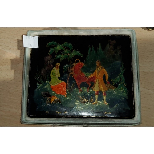 16 - A 20th century Russian box with highly detailed painting of a sledge and driver and a small selectio... 
