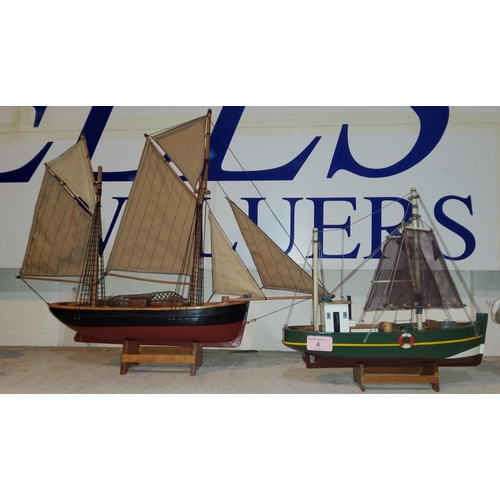 4 - 2 vintage models of boats, 1 fishing boat and one sailing boat 35cm & 33cm