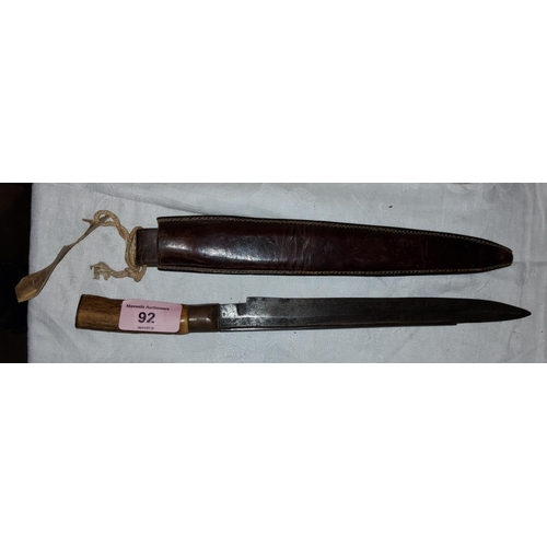 92 - A 19th century horn handled hunting knife with leather sheath, full length 32.5cm