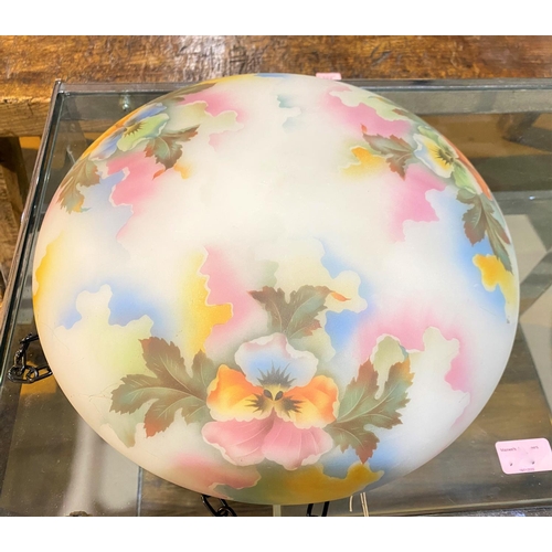 502A - An opaque glass light bowl with coloured pansy decoration.