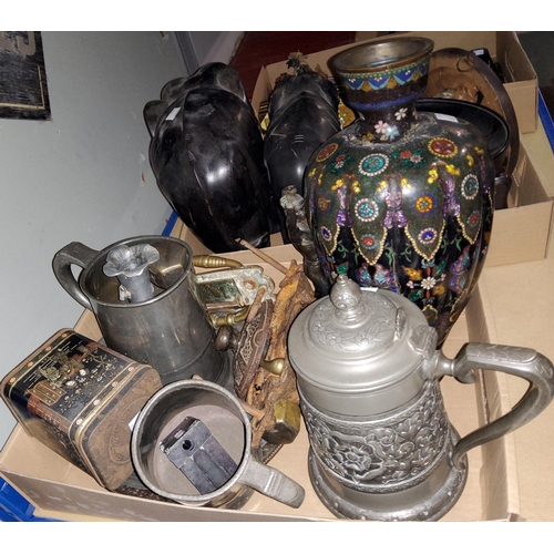 149 - Two pewter tankards, 6 pewter plates, a cloisonné vase (a.f.)