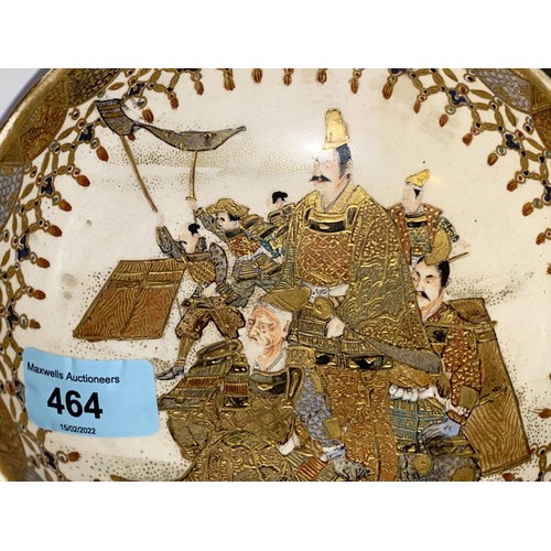 464 - A Japanese Satsuma earthenware bowl with Shogun emperor and warriors to interior and panels of genre... 