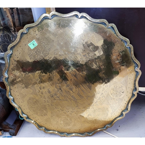3 - A brass circular scalloped tray; metalware; etc.