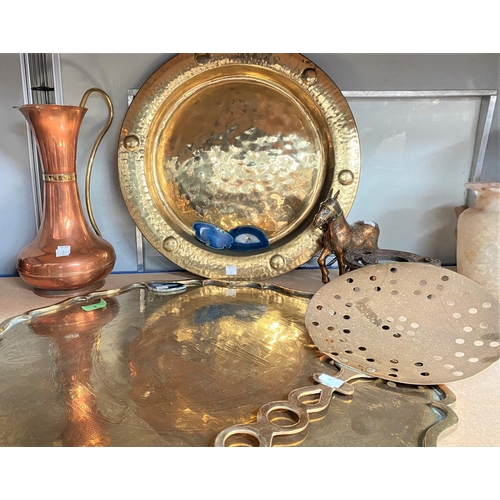 3 - A brass circular scalloped tray; metalware; etc.