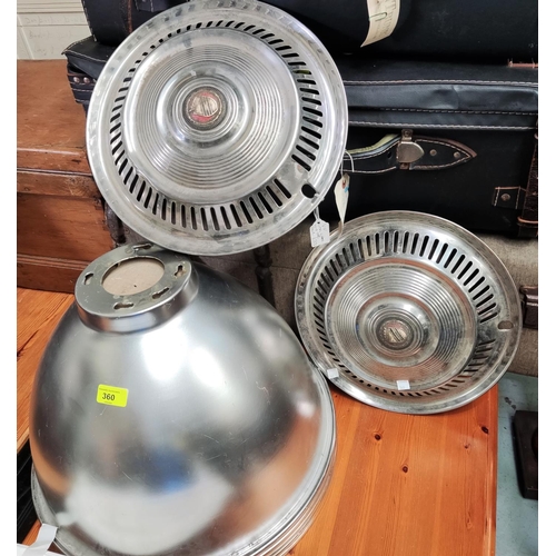 32 - Five large industrial light shades in silvered metal; 2 vintage chrome hub caps