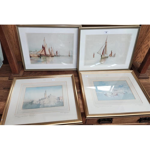 28 - Two watercolours of boats on calm waters signed H.O framed and glazed, two framed prints from the Ta... 