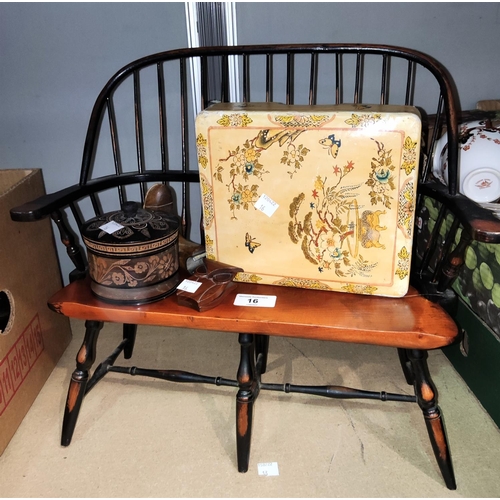 16 - A doll's Windsor type settee with stick back; a doll's chair by Merrythought; a lacquered box and co... 