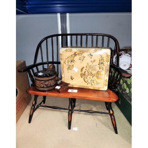 16 - A doll's Windsor type settee with stick back; a doll's chair by Merrythought; a lacquered box and co... 