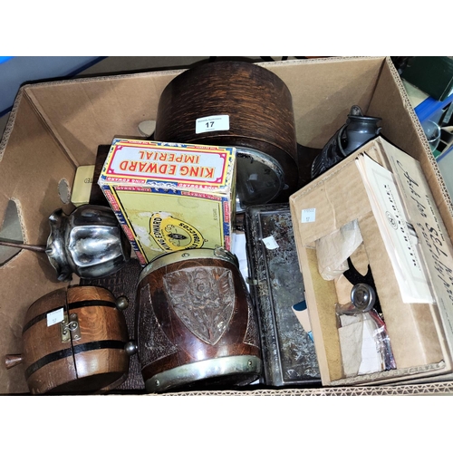 17 - A chiming mantel clock; 5 student microscopes; an oak biscuit barrel; collectables