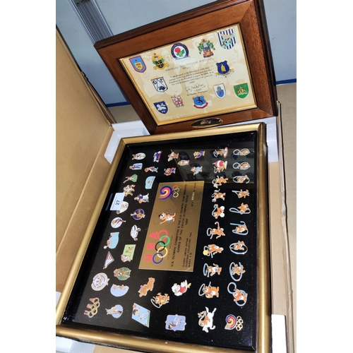 27 - A framed set of Olympic memorabilia:  1988 US Olympic Committee, US Olympic Team Mascots Games ... 