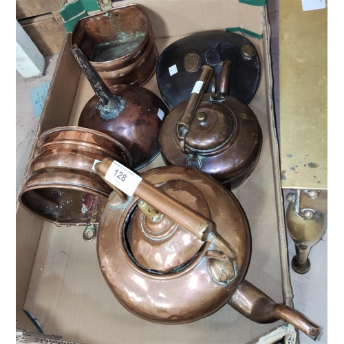 128 - Two copper kettles and other copper ware