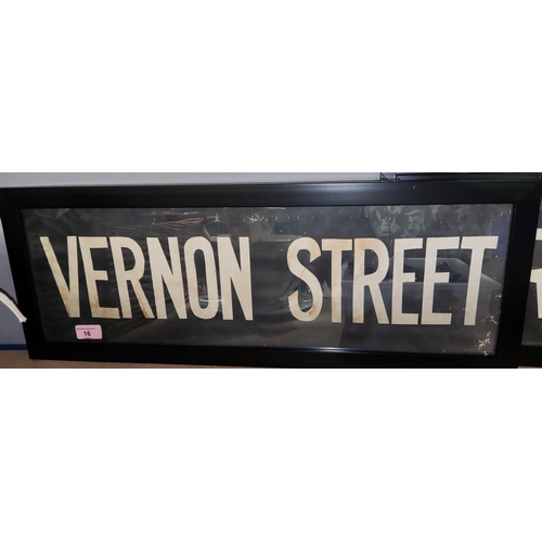 16 - 3 vintage bus signs for Vernon Street, Whitevale, Frame Cross, all framed and glazed
