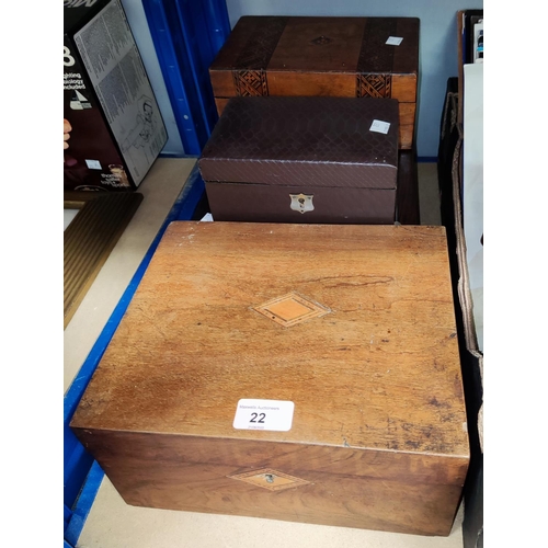 22 - A 19th century walnut lap desk; a rosewood lap desk (top split); 2 other boxes
