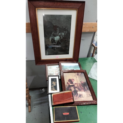 13 - A Frederick Remington print in large oak frame; other prints; etc.