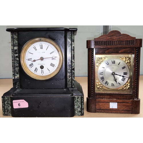 6 - A mantel clock in slate case with white enamel dial, by Shaw of Manchester, base detached; a wood an... 