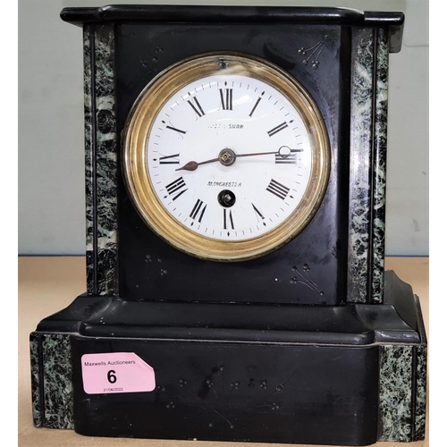 6 - A mantel clock in slate case with white enamel dial, by Shaw of Manchester, base detached; a wood an... 