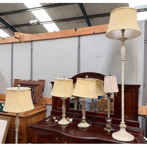 30 - Two pairs of table lamps; a pair of standard lamps in limed finish