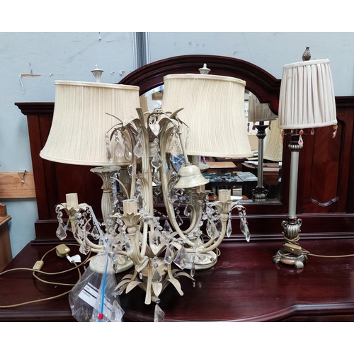 30 - Two pairs of table lamps; a pair of standard lamps in limed finish