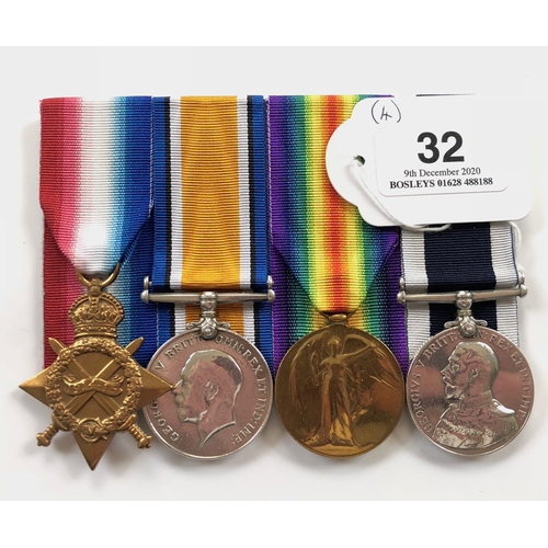 32 - WW1 Royal Marine Band Long Service Group of Four Medals.  Awarded to “RMB 1569 B.H. SMITH BD CPL HMS... 