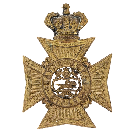 South Africa. Natal Royal Rifles Victorian Boer War helmet plate circa 1899-1902.Good die-stamped brass crowned Maltese cross bearing title circlet; Royal Arms, two wildebeests and scroll DEFENCE to voided centre.  (Owen 382)  Three loops  GC