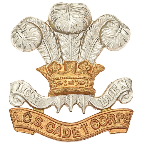 270 - A.G.S. Cadet Corps cap badge.Rare die stamped white metal Prince of Wales plumes and motto, with br... 