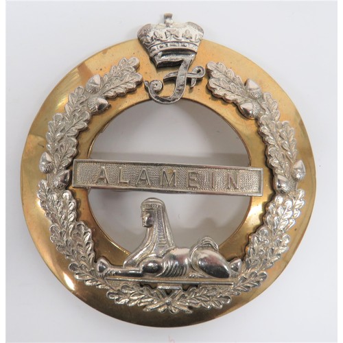 12 - Queens Own Highlanders Plaid Brooch polished brass, circular plaid with overlaid silvered oak leaf w... 