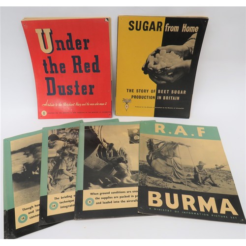 Three Various Ministry of Information Wall Sheets consisting RAF Burma with 24 single sided wall sheets about the RAF in Burma. Complete in postal card envelope ... Similar pack Under The Red Duster (Merchant Navy) with 24 cards ... Similar pack Sugar Beet with 24 cards. 3 sets.