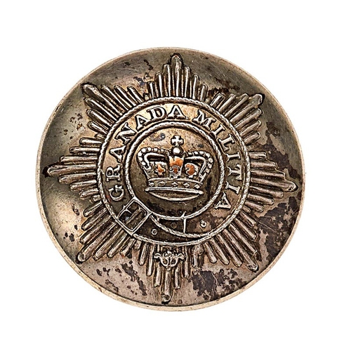 West Indies. Granada Militia Officer silvered closed-back coatee button.  Star bearing title strap; crown to centre. Approx. 21 mm  Jennens & Co. London . Shank . Wear to crown highpoints. GC