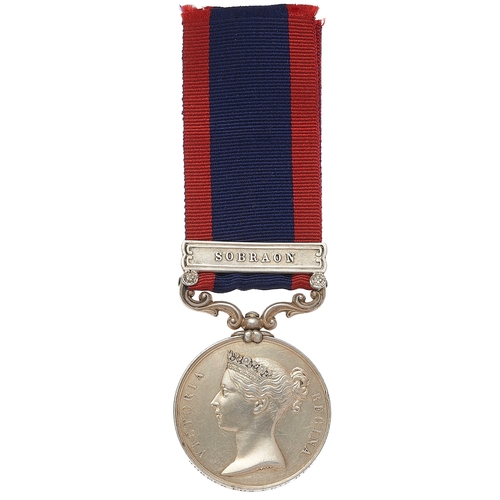 29th (Worcestershire) Regiment Sutlej Medal for Ferozeshuhur 1845, Wounded. Awarded to JOSEPH FOX 29TH REGT. The reverse Ferozeshuhur 1845, clasp Sobraon. Accompanied by a quantity of research. Private Joseph Fox enlisted at Liverpool on the 15th December 1838. He embarked with the regiment for service in India on the 9th April 1842 in the transport ship Elizabeth. The 29th were ordered to join the army of the Sutlej and on the 21st December 1845 at the battle of Ferozeshuhur he was reported wounded and admitted to the hospital. He rejoined the Regiment in time to take part in the Battle of Sobraon on the 10th February 1846. He also saw service during the Punjab campaign and was in late 1851 noted on the Hospital Muster Rolls and died on the 30th October 1851. His next of kin his father was living in Wakefield.