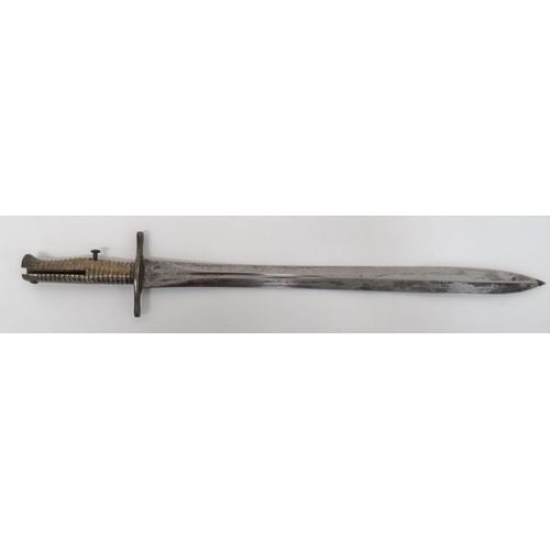 Scarce Ordnance Marked Constabulary Carbine Sword Bayonet
17 inch, double edged blade with short central fuller.  The forte with Ordnance stamp.  Straight, brass crossguard.  Brass ribbed grip with circular mortice slot.  Side fitted, steel spring with mushroom head release button.  