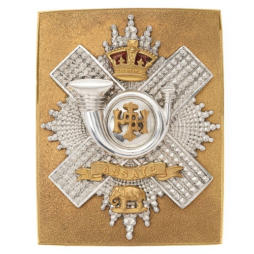 Scottish. Highland Light Infantry Victorian Officer's HLI shoulder belt plate circa 1881-1901. Fine scarce seeded gilt rectangular plate mounted with silver thistle star and coiled bugle, gilt Imperial crown (red velvet cushion), HLI, ASSAYE scroll and Elephant. Two hooks and two studs to reverse. VGC