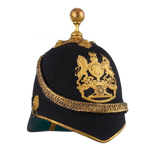Territorial Royal Artillery Home Service 1878 Pattern Blue Cloth Helmet circa 1908-14.   A good example by Hawkes & Co. bearing Royal Arms regimental pattern plate, the scroll above the gun bearing laurel spray.  Gilt peak trim, crosspiece, ball top, spine, velvet lined chinchain and rosette ear bosses. The interior with crimson silk edged leather sweatband with paper label underneath: 505 Crowe. Minor service wear, generally VGC.  housed in lightly rusted shaped Japanned metal storage/transit tin bearing Hawkes brass shield and nameplate F. Crowe Esq.1st West York Vol. Art..  Carrying handle and hasp present, staple absent. (2 parts)            Commissioned 2nd Lieutenant 1st West York Vol. Art. 4.3.99; transferred as Captain to Territorial Force in 1908.
