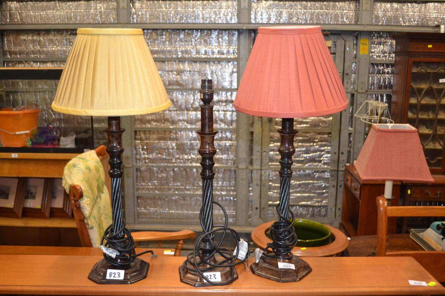 Three Laura Ashley pedestal lamps (two with shades, one without