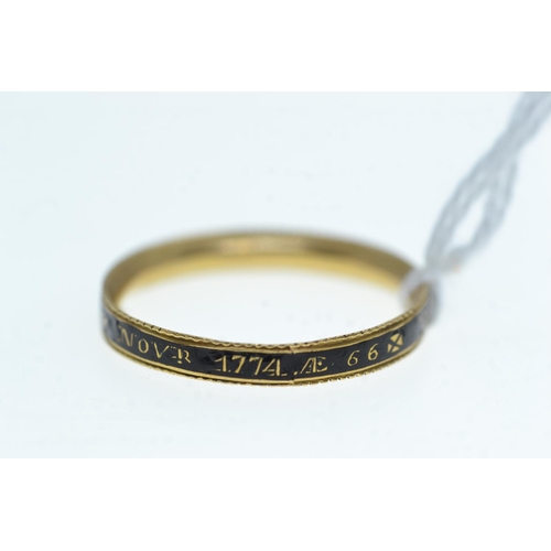 16 - George III enamel memorial band ring, inscribed 'Thos Sargent DI 27 NOVR 1774 Æ 66', size... 