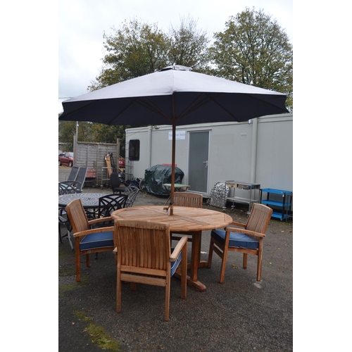 Bespoke teak garden table, 4 chairs & parasol (inc, seat cushions)