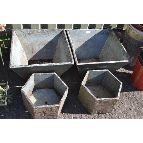 21 - 2x square tapered slate outdoor plant pots (w45cm H29cm) & 2x hexagonal planters (d31cm h20cm)