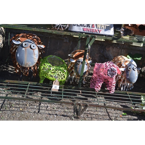 22 - 3x sheep, frog, pig & heron garden ornaments