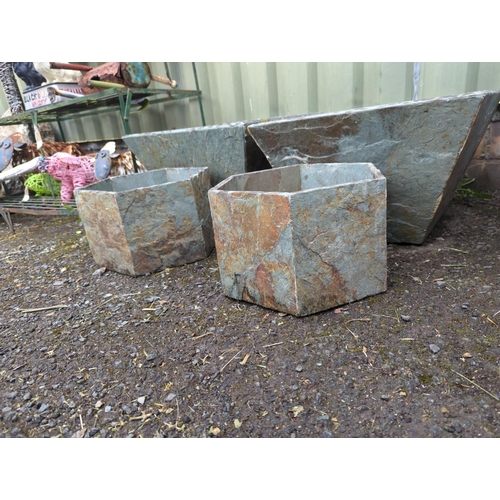21 - 2x square tapered slate outdoor plant pots (w45cm H29cm) & 2x hexagonal planters (d31cm h20cm)
