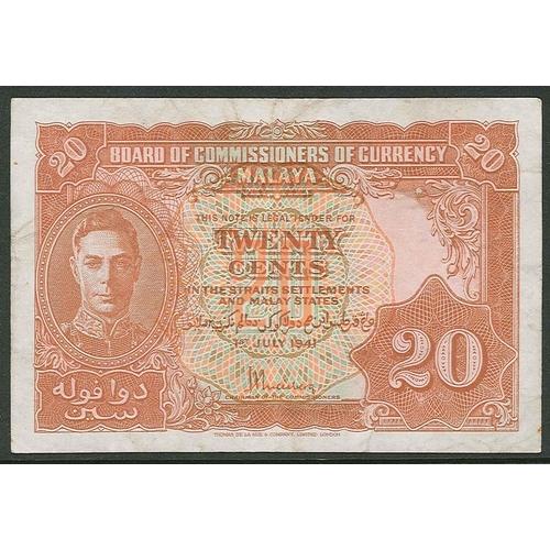 1020 - Banknotes; Malaya; 1941 (1945) 20c VF, Krause 9a.