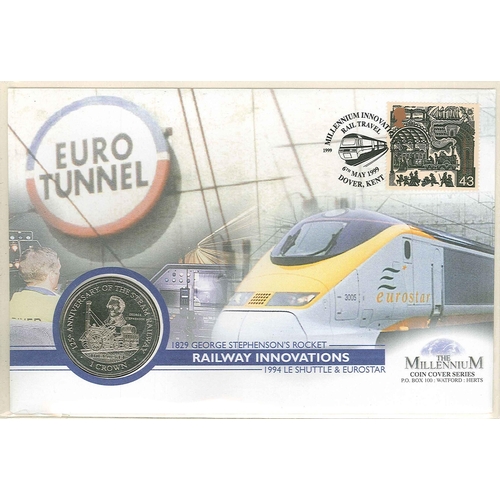 1049 - PNCs; 1999 Eurostar cover with UK stamp and Isle of Man 1998 Stephenson's Rocket crown coin.... 