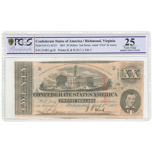57 - Banknotes; Confederate States of America; 1863 Richmond, Virginia $20 note, Pick 61b. Encapsulated b... 
