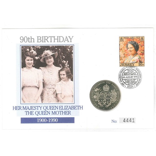 1042 - PNCs; Jersey; 1990 Queen Mother FDC with encapsulated Jersey 1990 £2 Q.Mother coin.... 
