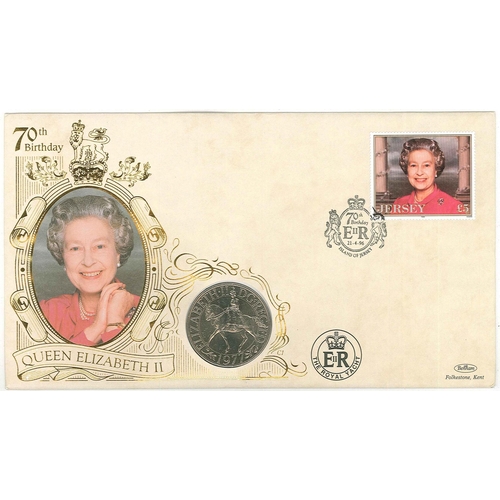 1057 - PNCs; 1996 Queen's 70th Birthday with Jersey £5 stamp, and UK 1977 Jubilee crown.... 