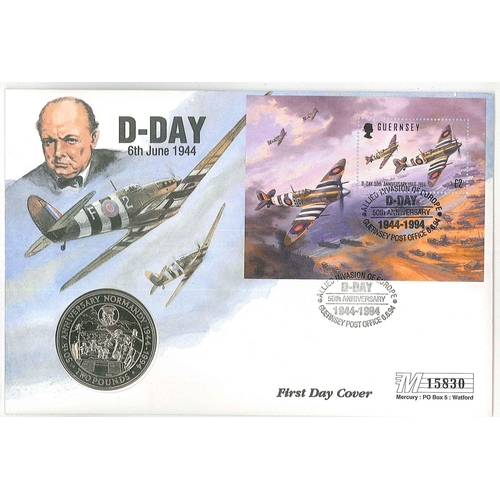 1058 - PNCs; 1994 Guernsey D-Day miniature sheet on cover, with Guernsey 1994 D-Day £2 coin.... 