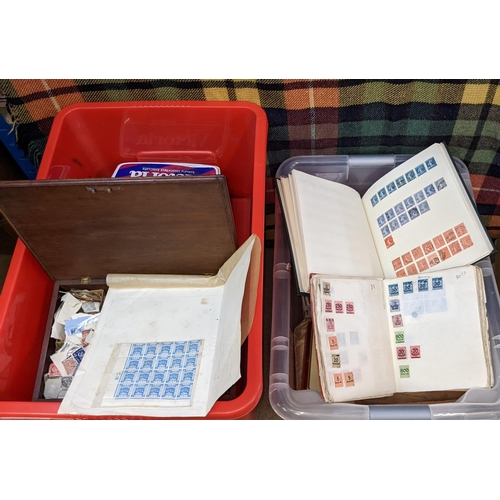 4 - Mixed Lots; two large plastic tubs of worldwide stamps in small boxes, packets, and albums. Very var... 
